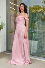 Φόρεμα maxi πλισέ κρουαζέ με ντραπέ μπούστο dusty pink - Image 4
