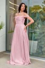 Φόρεμα maxi πλισέ κρουαζέ με ντραπέ μπούστο dusty pink - Image 5