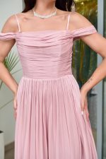 Φόρεμα maxi πλισέ κρουαζέ με ντραπέ μπούστο dusty pink - Image 7