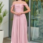 Φόρεμα maxi πλισέ κρουαζέ με ντραπέ μπούστο dusty pink