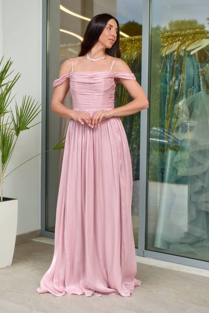 Φόρεμα maxi πλισέ κρουαζέ με ντραπέ μπούστο dusty pink