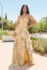 Φόρεμα maxi στράπλες floral με βολάν κίτρινο - Image 2