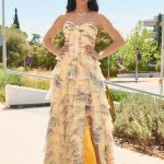 Φόρεμα maxi στράπλες floral με βολάν κίτρινο