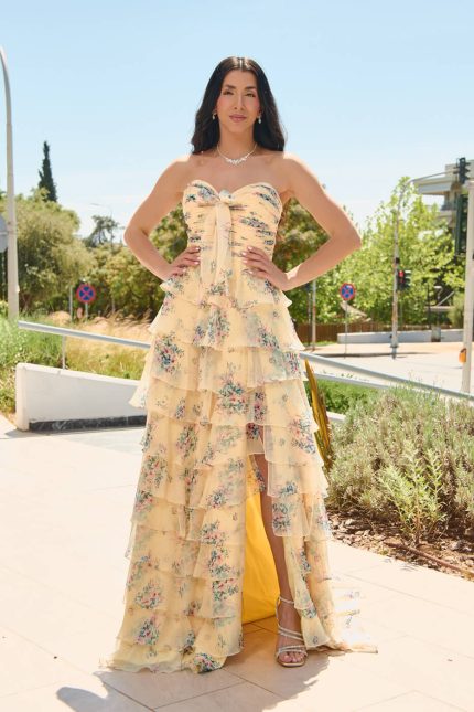 Φόρεμα maxi στράπλες floral με βολάν κίτρινο
