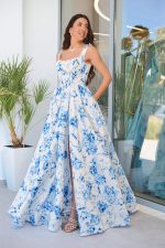 Φόρεμα maxi με μπλε floral μοτίβο και πέρλες άσπρο - Image 3