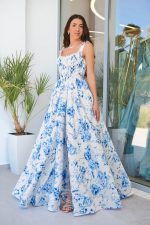 Φόρεμα maxi με μπλε floral μοτίβο και πέρλες άσπρο - Image 4