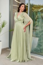 Φόρεμα maxi πλισέ κρουαζέ με κάπα light lime - Image 3