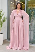 Φόρεμα maxi πλισέ κρουαζέ με κάπα dusty pink - Image 2
