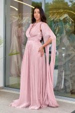 Φόρεμα maxi πλισέ κρουαζέ με κάπα dusty pink - Image 3