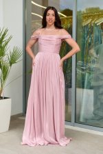 Φόρεμα maxi πλισέ κρουαζέ με ντραπέ μπούστο dusty pink - Image 3