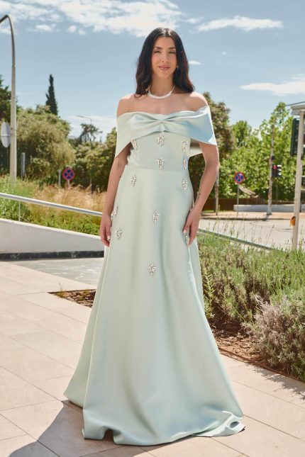 Φόρεμα maxi off shoulder με διακοσμητικές πέτρες μέντα