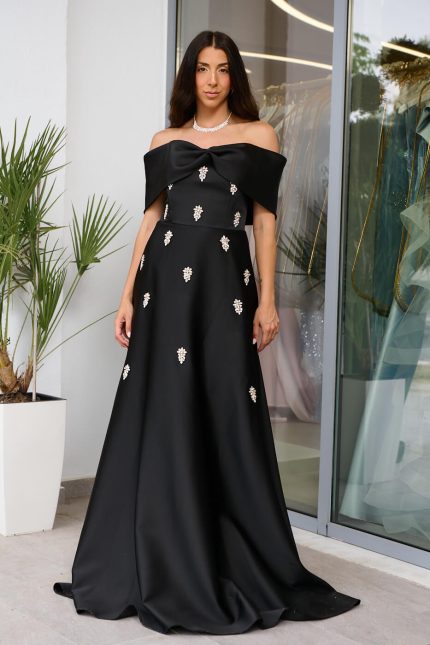 Φόρεμα maxi off shoulder με διακοσμητικές πέτρες μαύρο