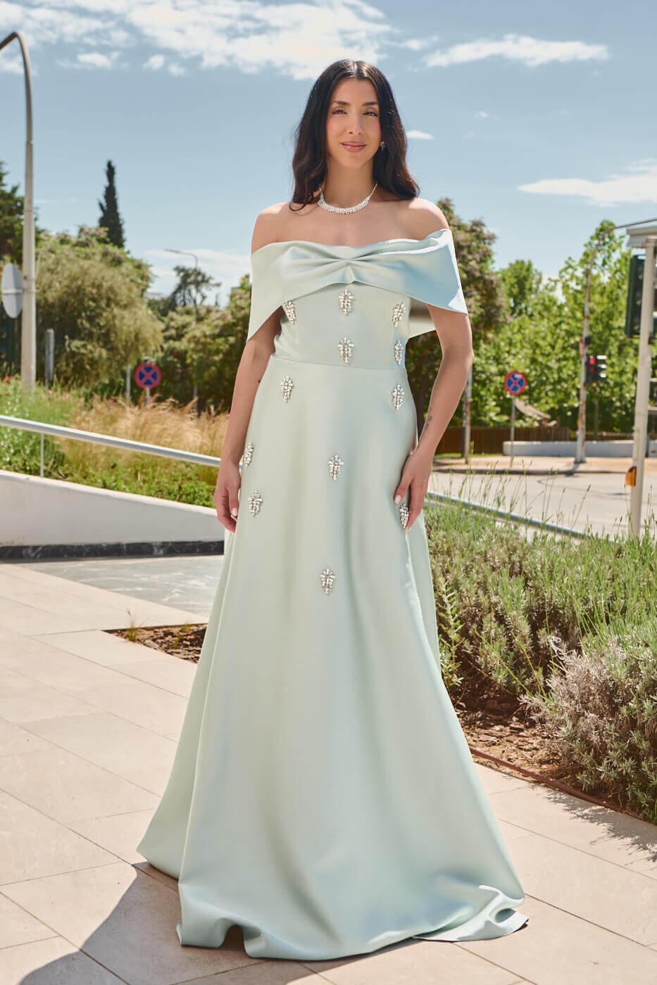 GA-1829 Φόρεμα maxi off shoulder με διακοσμητικές πέτρες μέντα