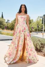 Φόρεμα maxi στράπλες με floral print κίτρινο - Image 2