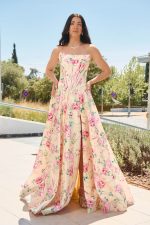 Φόρεμα maxi στράπλες με floral print κίτρινο
