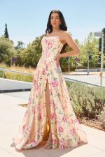 Φόρεμα maxi στράπλες με floral print κίτρινο - Image 3