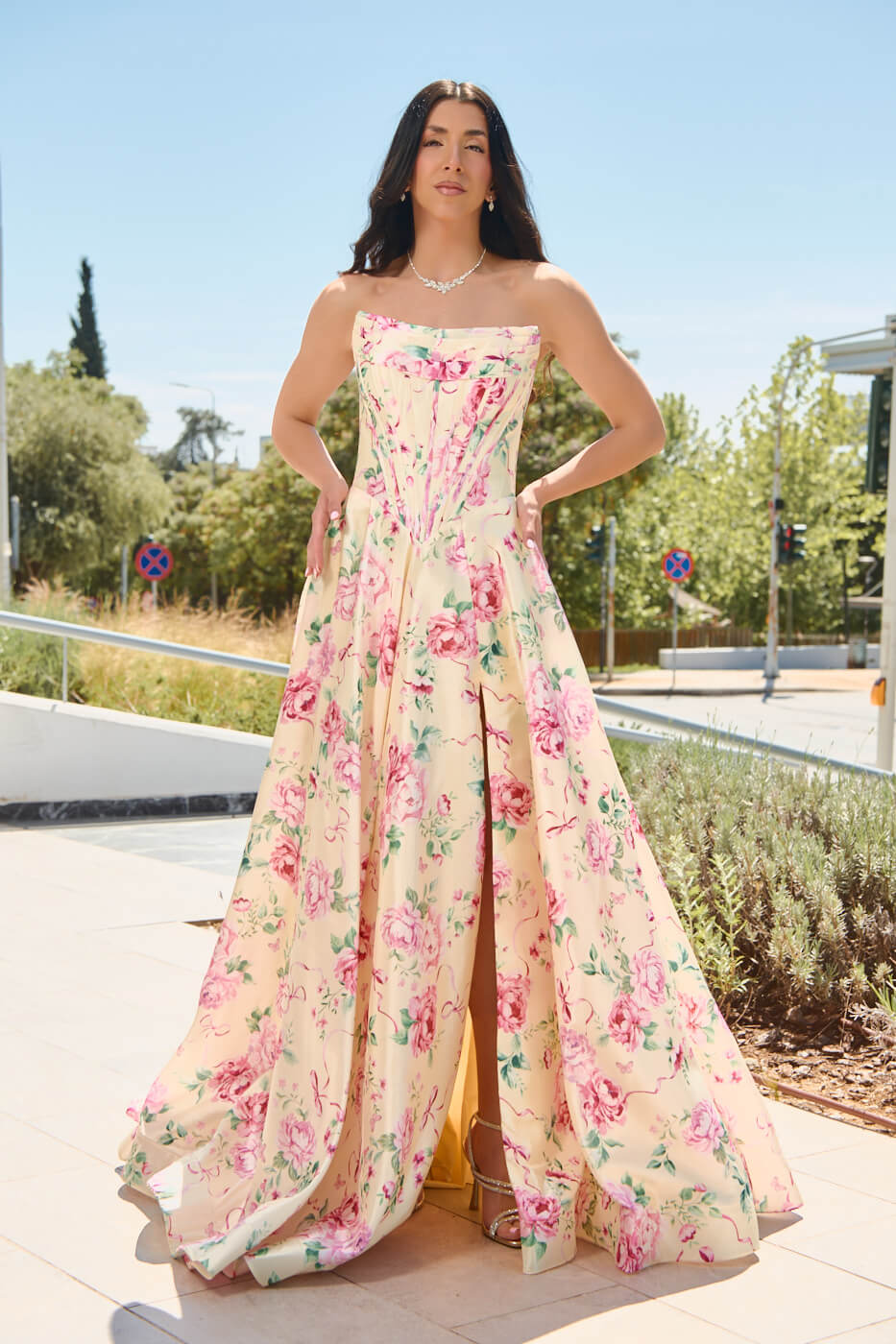 GA-2365 Φόρεμα maxi στράπλες με floral print κίτρινο