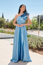 Φόρεμα maxi one shoulder με φραμπαλά και πιέτες baby blue - Image 2