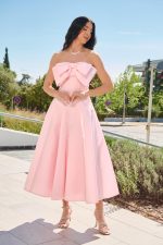 Φόρεμα midi στράπλες με φιόγκο baby pink - Image 2