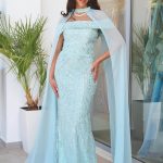 Φόρεμα maxi off shoulder με παγιέτες και κάπα μέντα