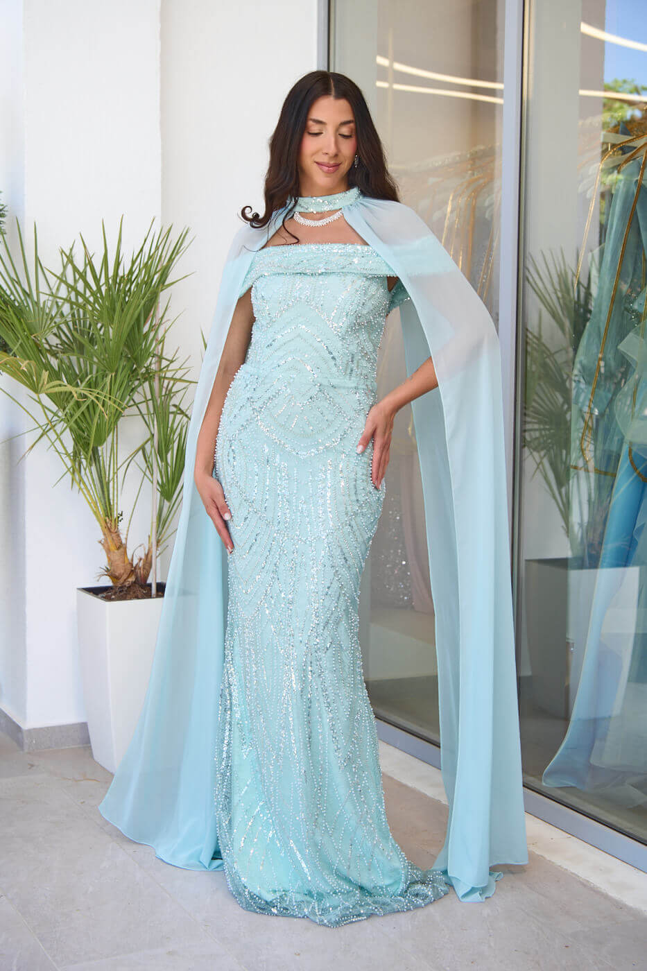 Φόρεμα maxi off shoulder με παγιέτες και κάπα μέντα