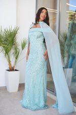 Φόρεμα maxi off shoulder με παγιέτες και κάπα μέντα - Image 4