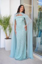 Φόρεμα maxi off shoulder με παγιέτες και κάπα μέντα - Image 3