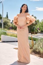 Φόρεμα maxi off shoulder με balloon μανίκια σομόν - Image 2