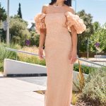 Φόρεμα maxi off shoulder με balloon μανίκια σομόν