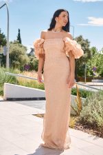Φόρεμα maxi off shoulder με balloon μανίκια σομόν