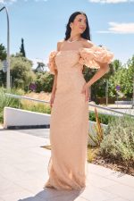 Φόρεμα maxi off shoulder με balloon μανίκια σομόν - Image 3