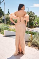 Φόρεμα maxi off shoulder με balloon μανίκια σομόν - Image 4