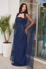 Φόρεμα maxi κεντημένο με χάντρες και κάπα midnight blue - Image 3